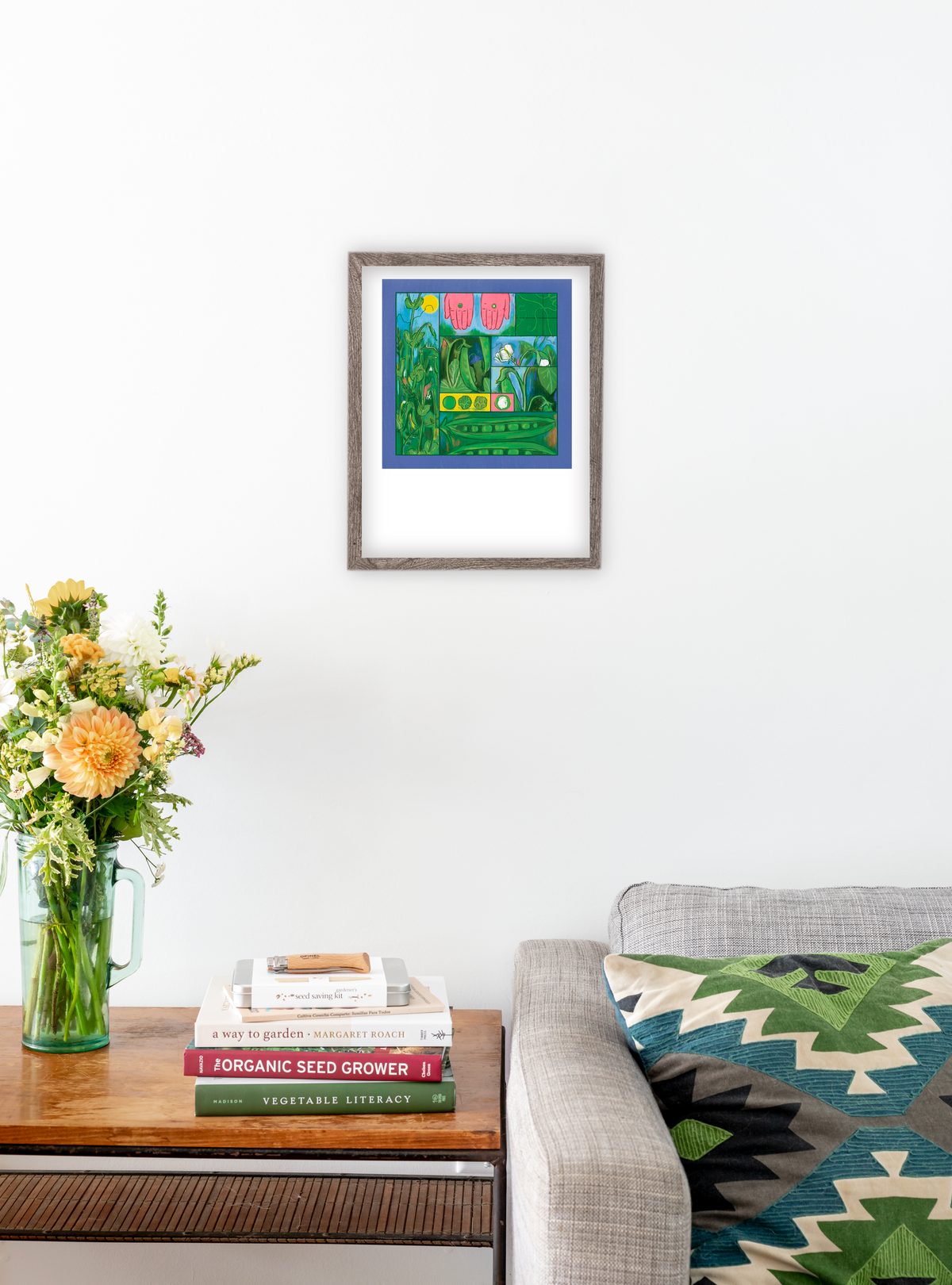 Signed Hudson Valley Seed Co. sugar snap pea art print, featuring vibrant botanical illustrations for living room decor.