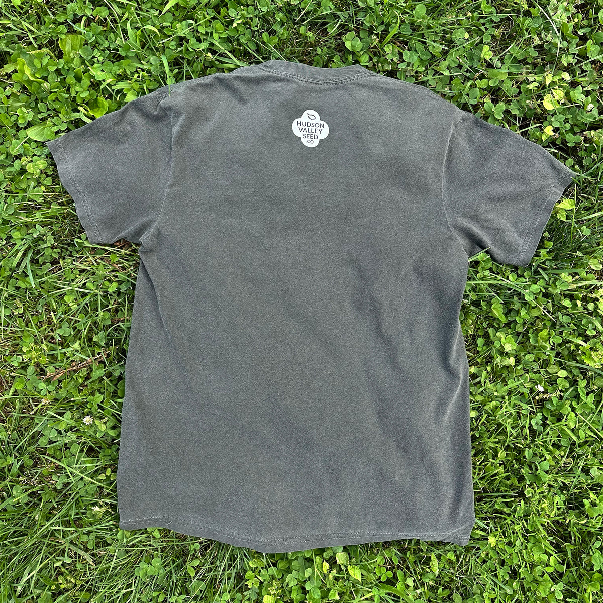 Back view of a grey Hudson Valley Seed Co logo T-shirt in washed black, casual cotton gift shop apparel.