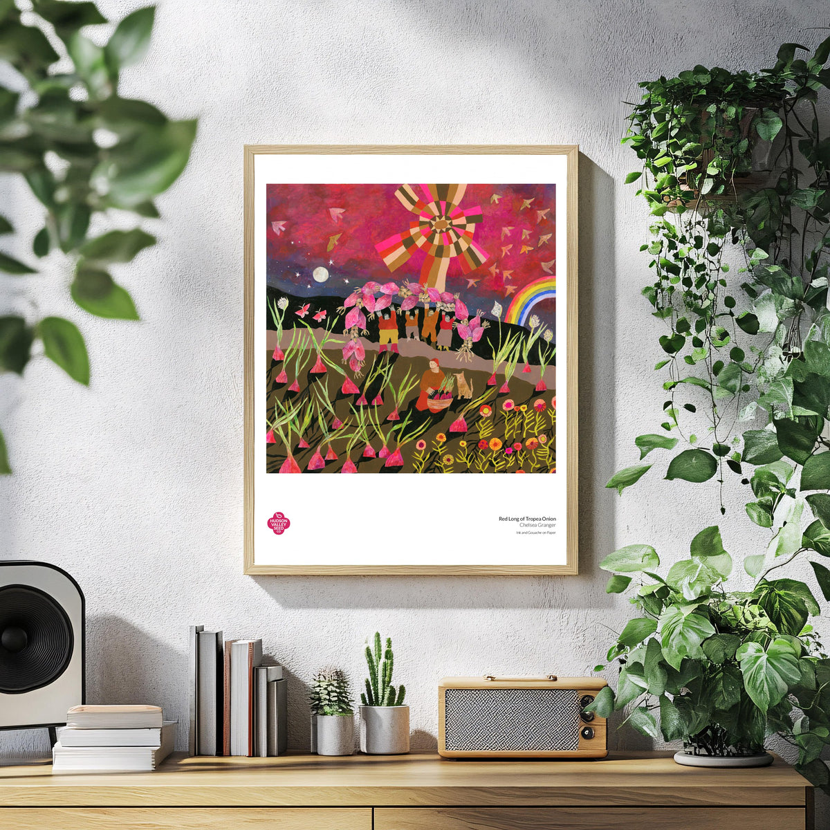 Fine art poster of a red long Tropea onion by Hudson Valley Seed Co., showcasing detailed, vibrant illustration of the onion.