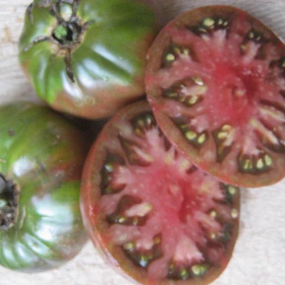 Black Krim tomato seedlings from Hudson Valley Seed Co. growing in a garden bed with lush green leaves.