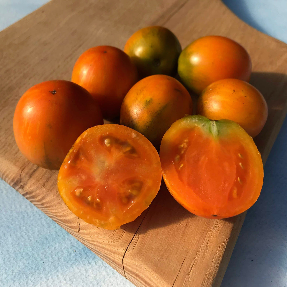 Apricot Zebra Tomato from Hudson Valley Seed Co., displaying vibrant orange and purple striped heirloom vegetables.