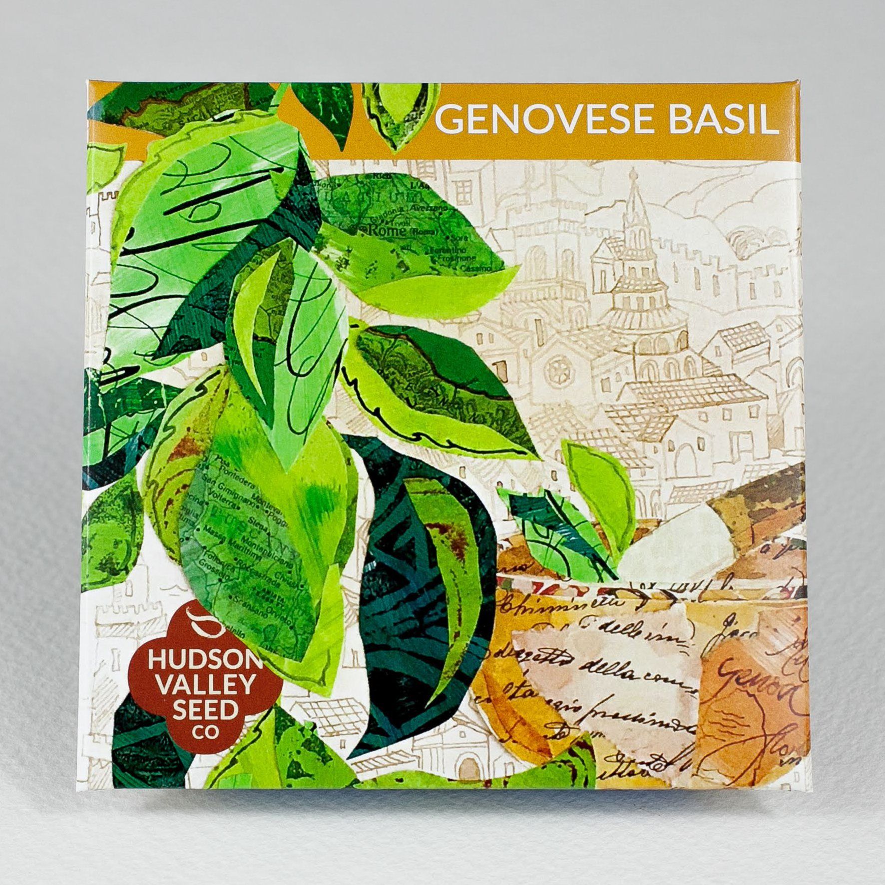 Fresh Genovese basil herb from Hudson Valley Seed Co. with vibrant green leaves, ideal for culinary use and garnishing dishes.