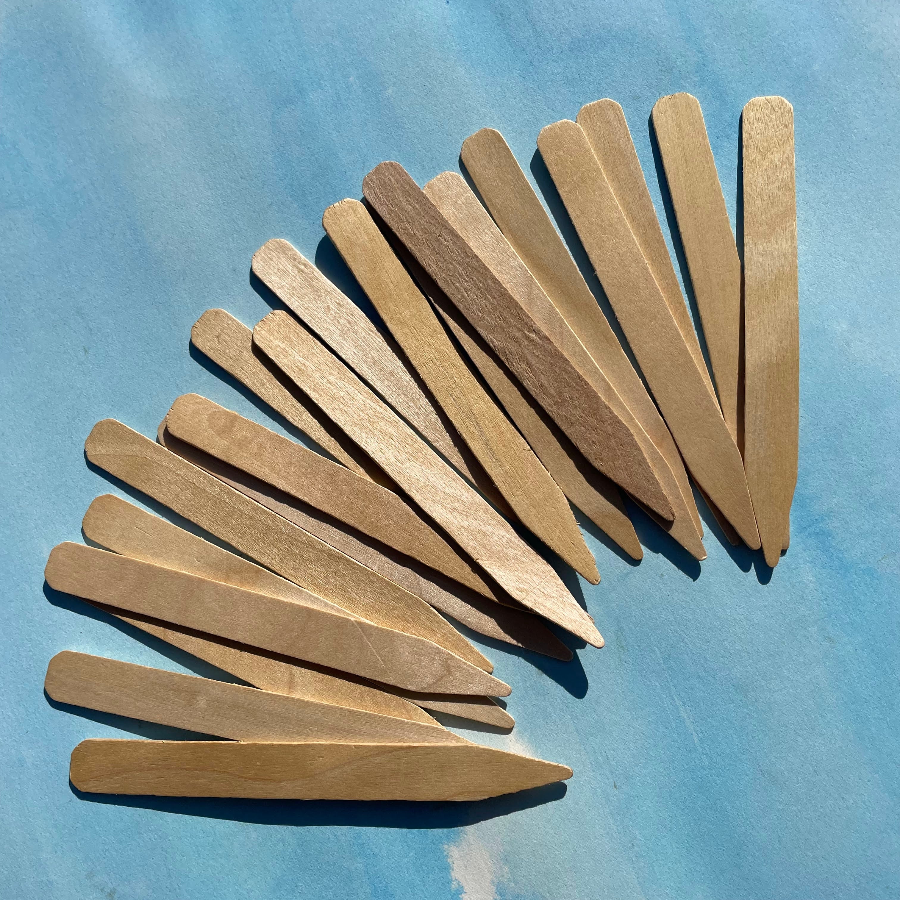 Six-inch wooden plant labels for gardening, natural wooden tags for marking plants and seedlings in garden beds.
