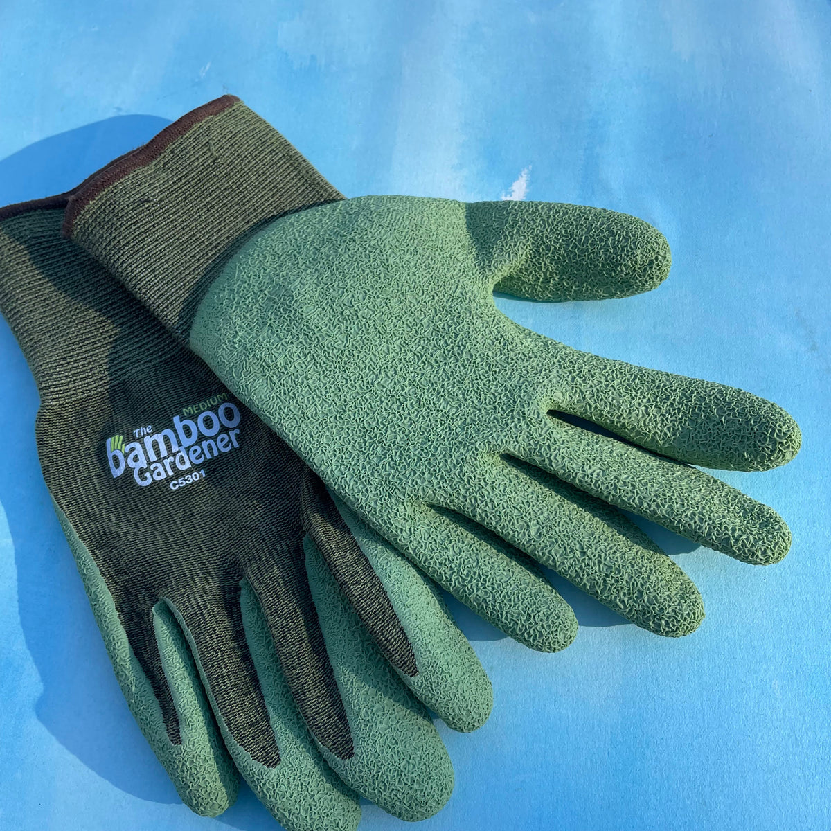 Bamboo Rayon Natural Rubber Palm Gardening Gloves by The Bamboo Gardener, showing reinforced rubber palms and bamboo rayon fabric.