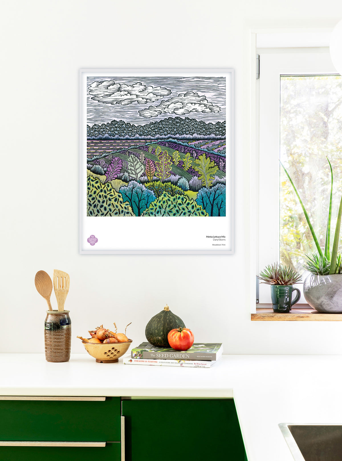 Fine art poster featuring Metta Lettuce Mix by Hudson Valley Seed Co., showcasing vibrant lettuce illustrations on a 20x24 inch print