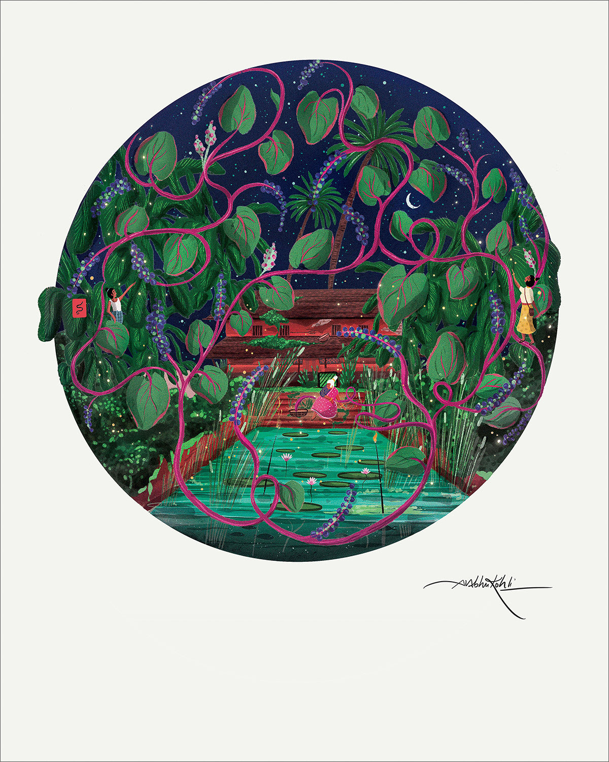 Red Malabar Spinach art print by Hudson Valley Seed Co., vibrant fine art illustration showcasing detailed red spinach leaves.