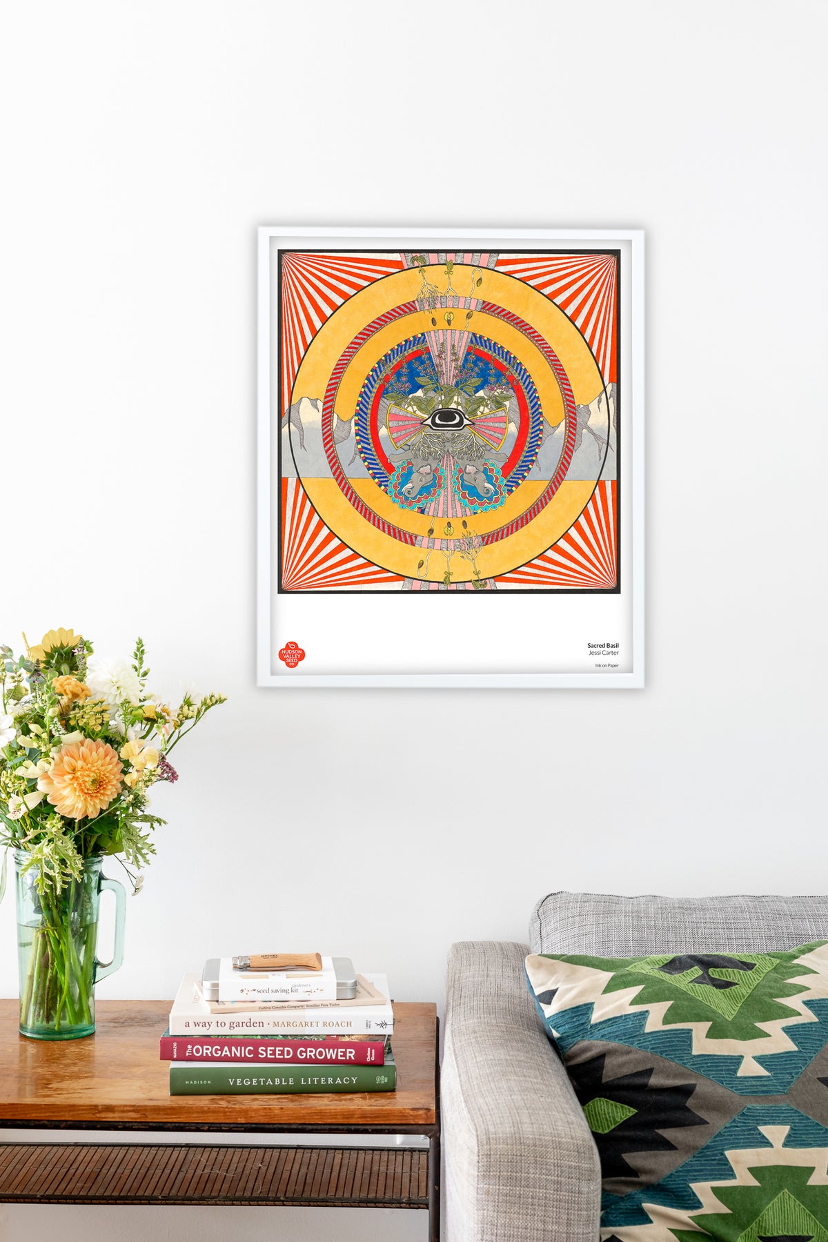 Sacred basil fine art poster by Hudson Valley Seed Co. featuring vibrant basil illustration for living room decor.