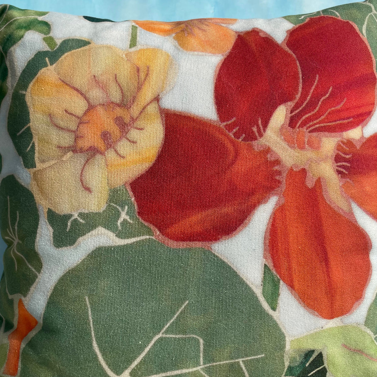 Colorful Glorious Gleam Nasturtium throw pillow by Hudson Valley Seed Co. featuring vibrant, detailed floral design for home decor.