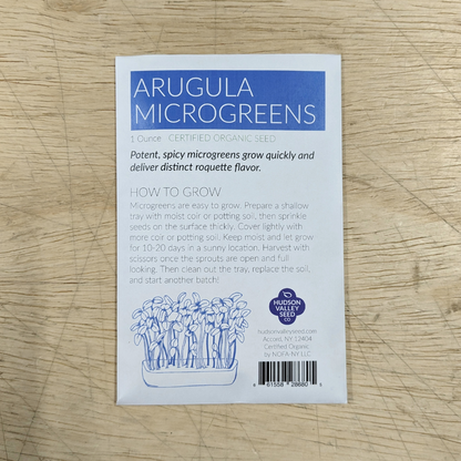 Fresh organic arugula microgreens from Hudson Valley Seed Co., vibrant green vegetables with delicate leaves on a white background.