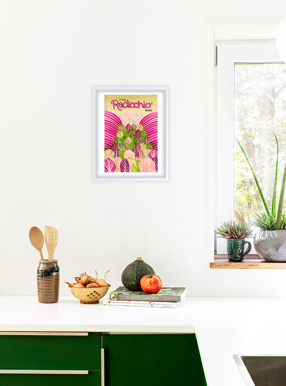Signed Baby Radicchio Blend fine art print by Hudson Valley Seed Co. displayed in a room setting with vibrant colors and detailed design.