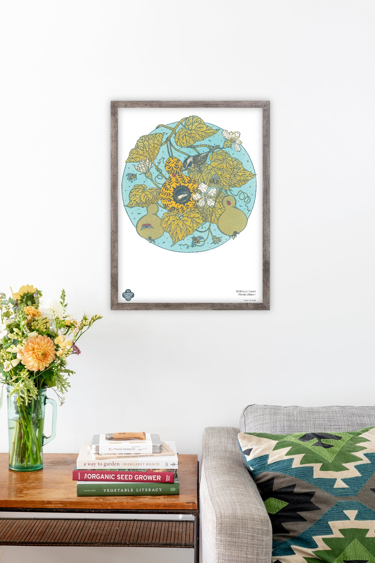 Fine art poster featuring a birdhouse gourd by Hudson Valley Seed Co., showcasing detailed botanical illustration.