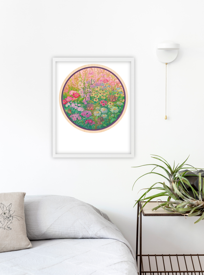 Beautiful fine art print of a cottage garden mix, signed by Hudson Valley Seed Co., perfect for bedroom decor.