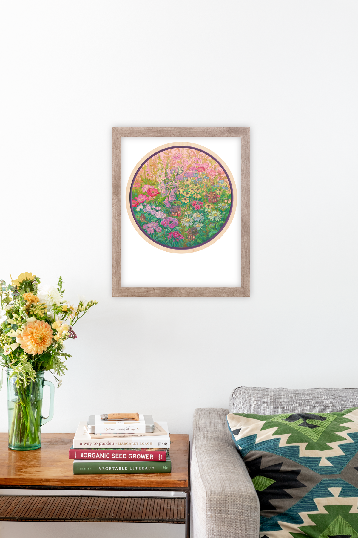 Fine art print of a cottage garden mix by Hudson Valley Seed Co., featuring vibrant floral artwork, signed and suitable for living room decor