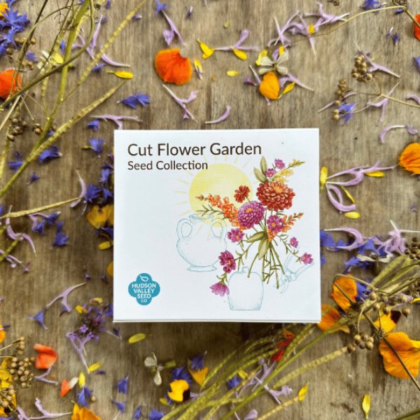 Assorted cut flower garden seeds from Hudson Valley Seed Co., featuring vibrant flower varieties in a colorful collection.