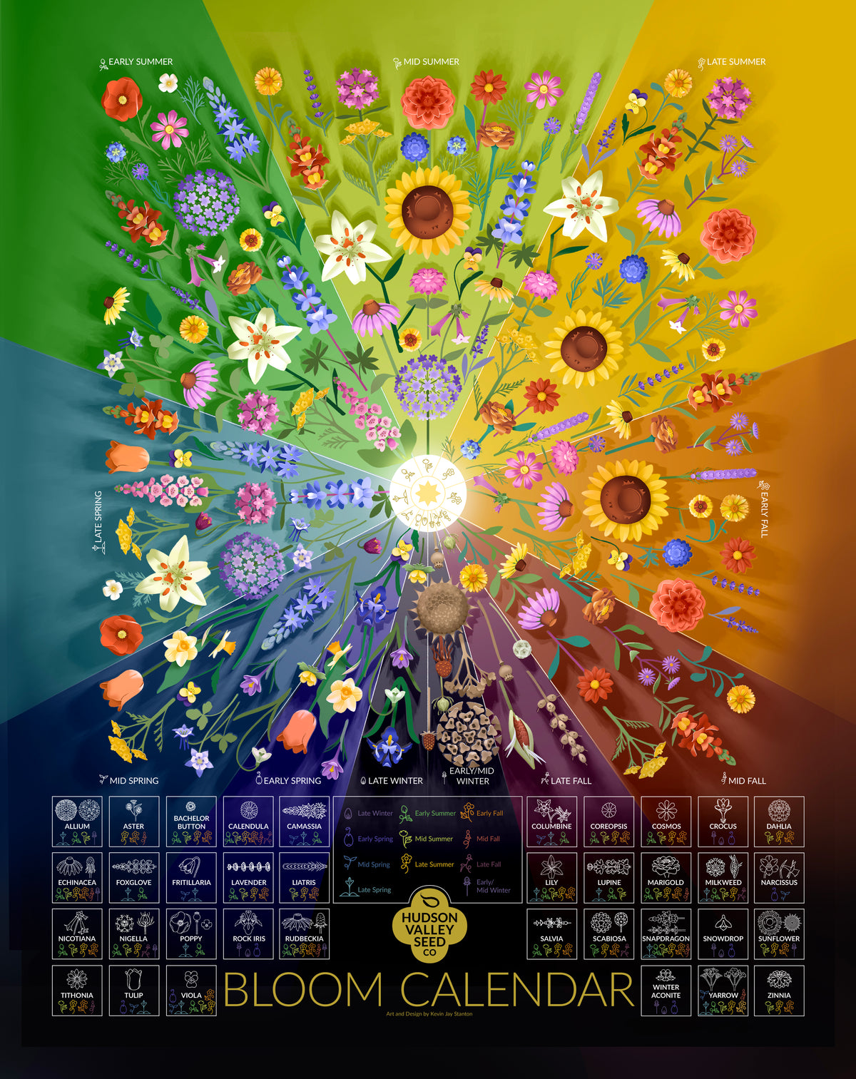 Fine art Bloom Calendar poster by Hudson Valley Seed Co. featuring vibrant floral illustrations on a 11x14 inch print.