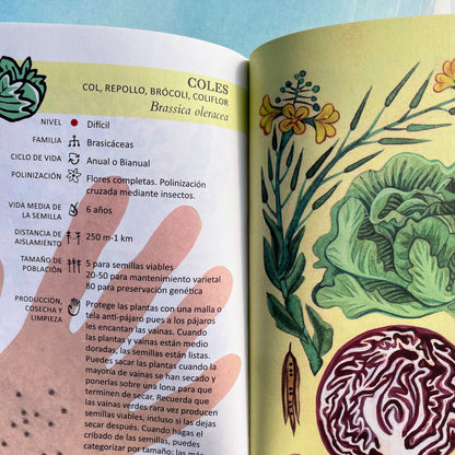 Spanish seed saving manual from Semillas Para Todos, showing pages open with seed storage and planting tips.