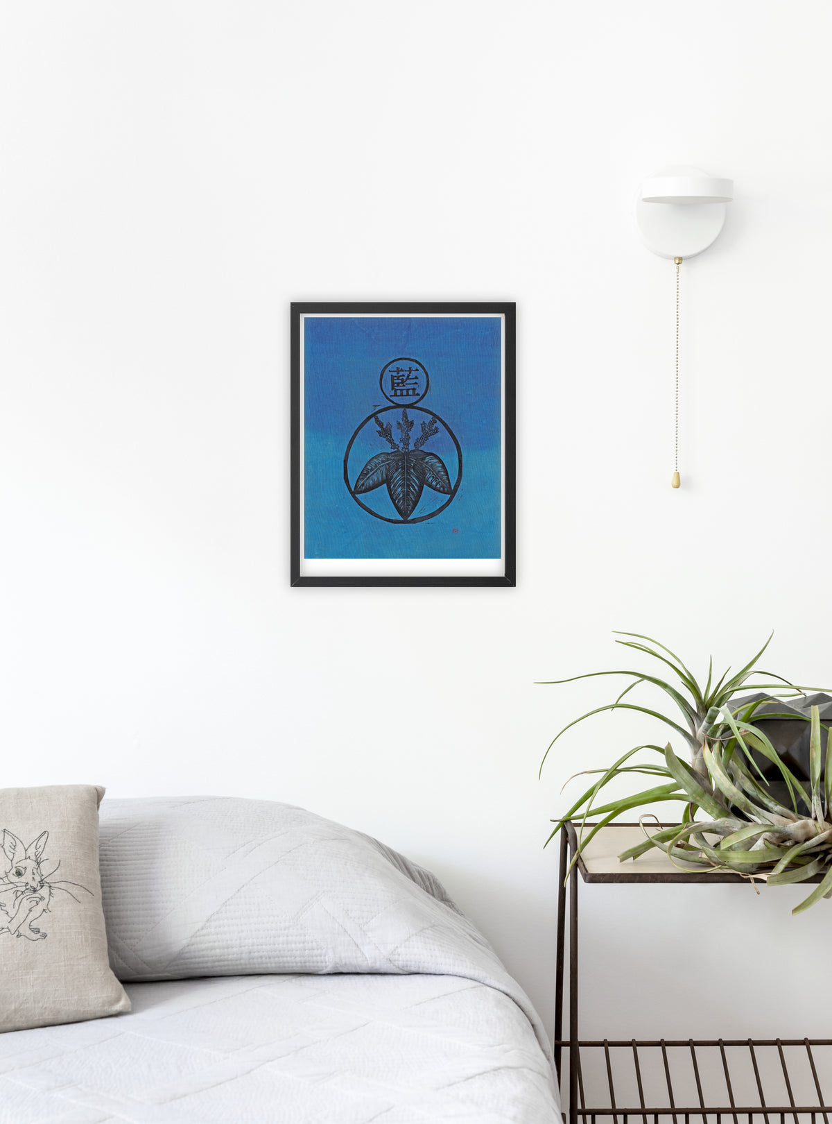 Japanese Indigo art print by Hudson Valley Seed Co. displayed in a room, showcasing detailed, traditional Japanese-inspired fine art design.