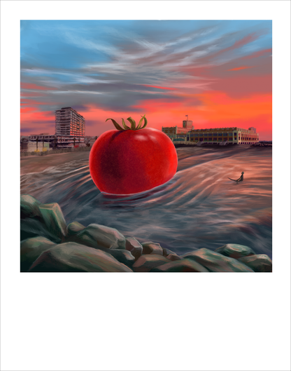 Signed Jersey Breeze tomato art print by Hudson Valley Seed Co., vibrant fine art illustration of ripe tomatoes on a white background.