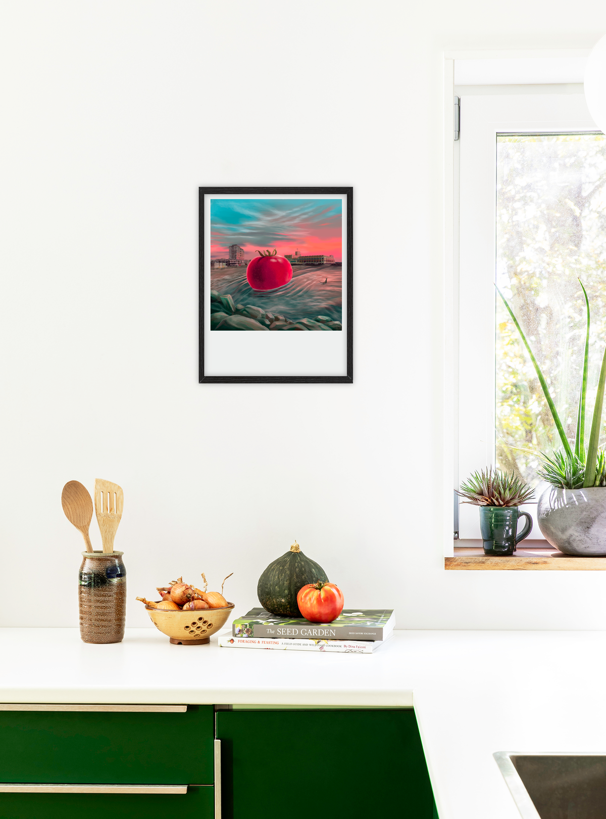 Signed Jersey Breeze tomato art print by Hudson Valley Seed Co., featuring vibrant tomato illustrations for kitchen decor.