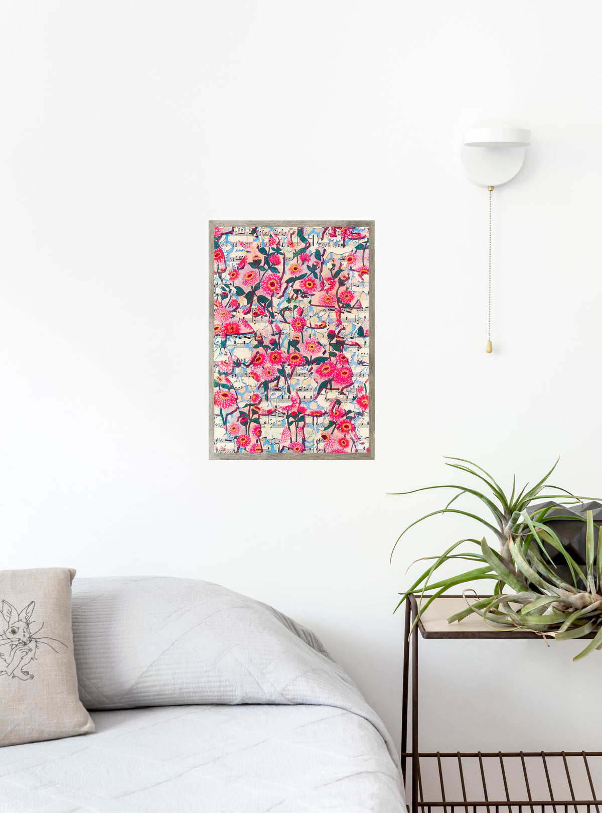 Framed Mazurkia Zinnia art print by Hudson Valley Seed Co. hanging on a wall, showcasing vibrant floral artwork in a living room setting.