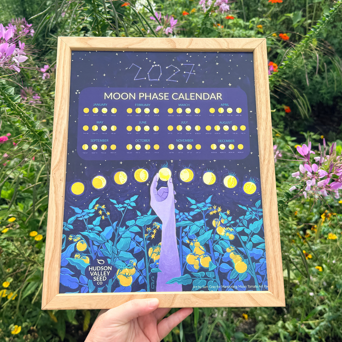 Fine art moon phase calendar by Hudson Valley Seed Co. featuring detailed lunar phases in a visually appealing design.