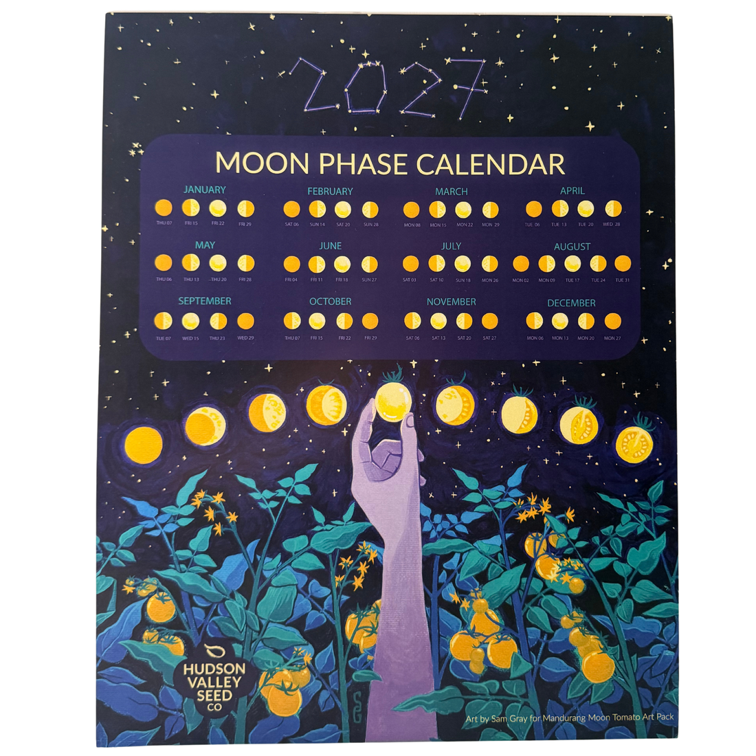 Fine art moon phase calendar by Hudson Valley Seed Co., featuring detailed illustrations of lunar phases on a decorative calendar.