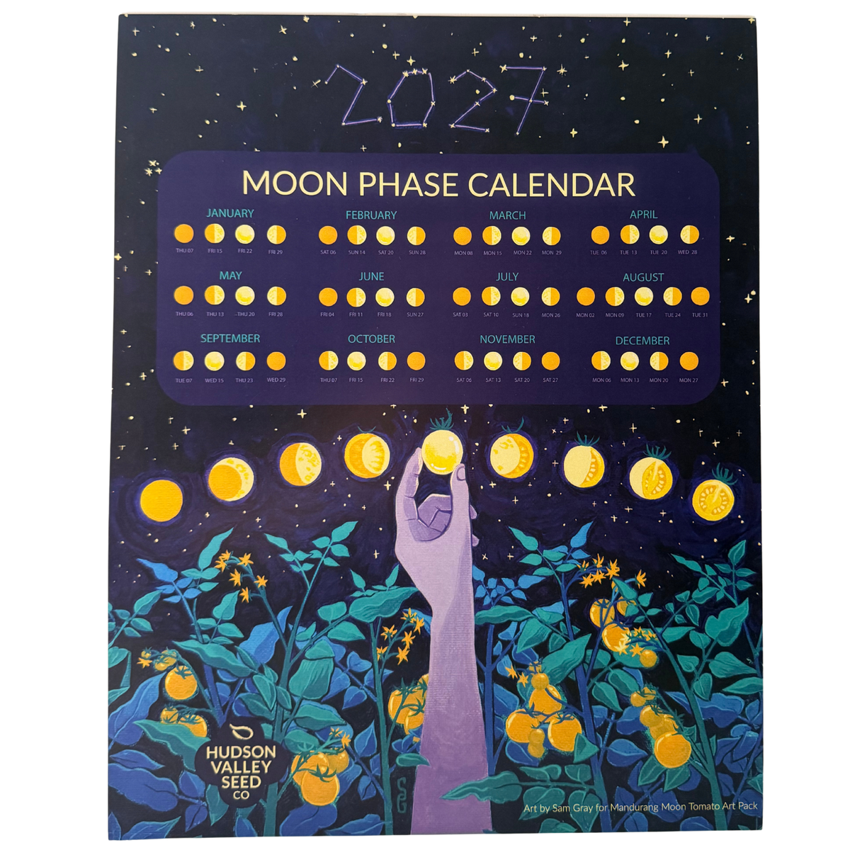 Fine art moon phase calendar by Hudson Valley Seed Co., featuring detailed illustrations of lunar phases on a decorative calendar.