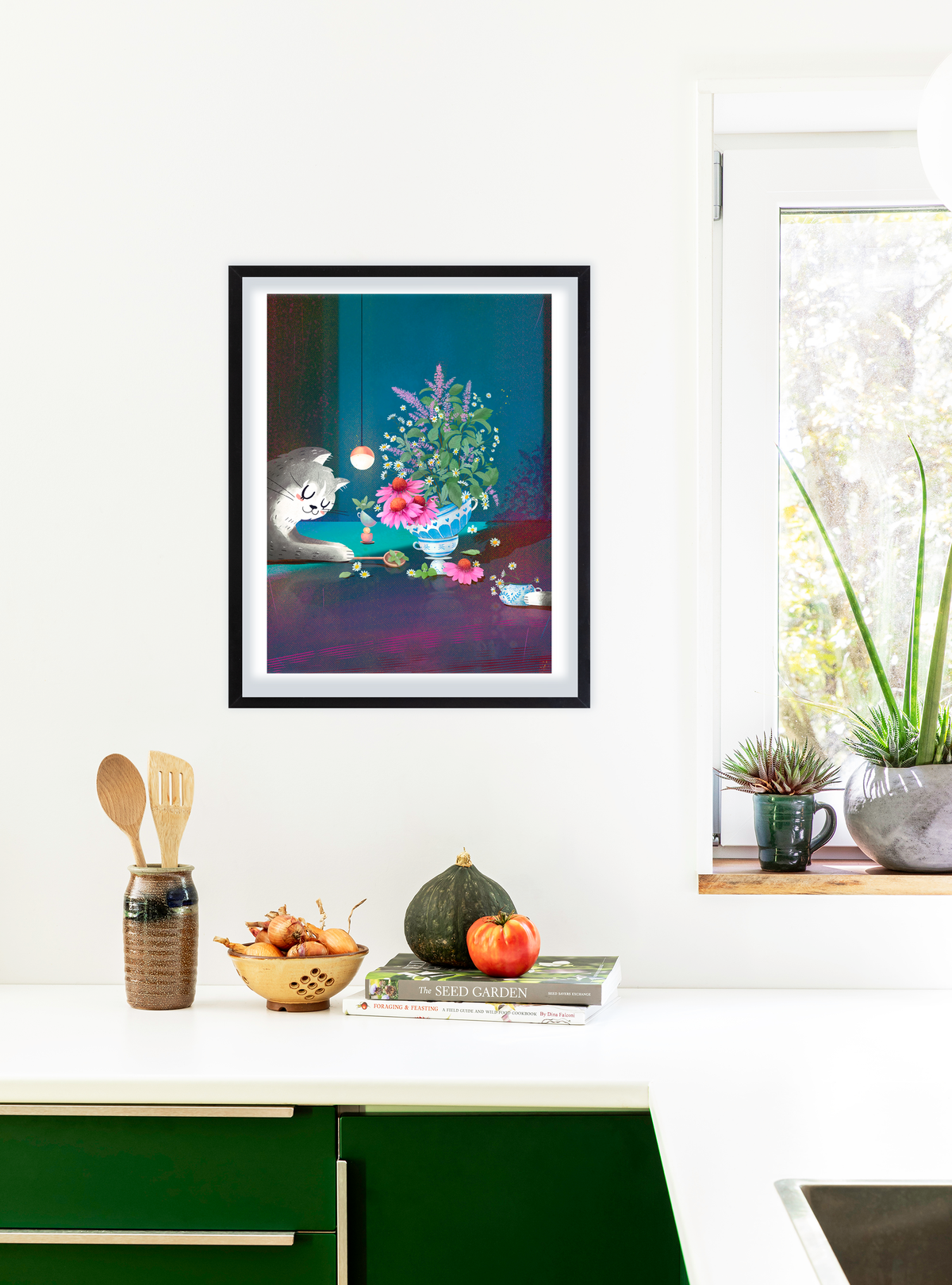 Fine art print of a tea garden scene by Hudson Valley Seed Co., signed, featuring vibrant botanical illustrations for kitchen decor.