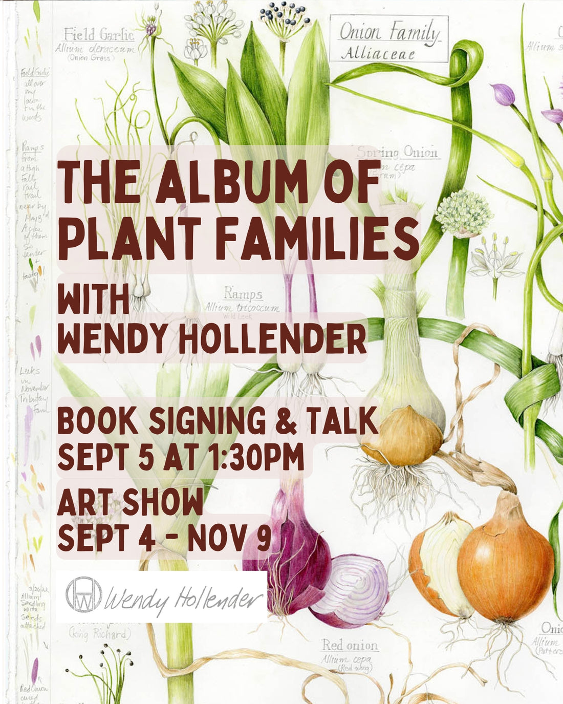 Illustration of diverse plant families by Wendy Hollender for The Album of Plant Families event artwork.