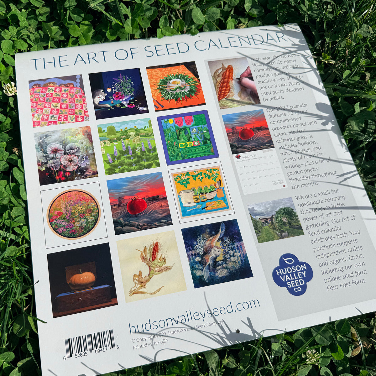 2027 Art of Seed Calendar by Hudson Valley Seed Co. featuring botanical illustrations and monthly plant gardening tips.