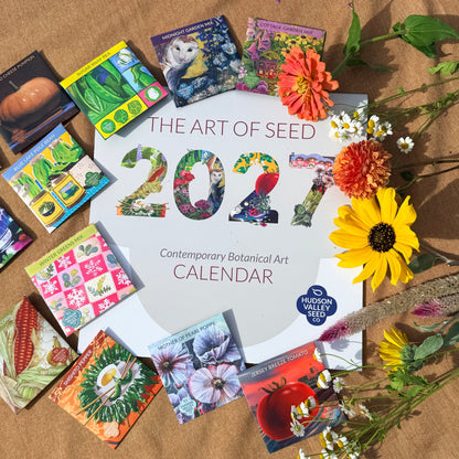 2027 Art of Seed Calendar by Hudson Valley Seed Co., featuring botanical illustrations and monthly seed planting tips.