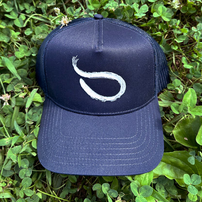 Gray mesh back trucker hat with curved brim and adjustable strap, featuring the Hudson Valley Seed Co logo on the front panel.