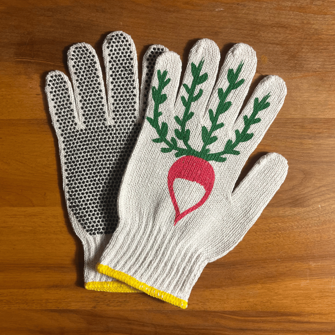 Pair of printed garden gloves with radish design from My Little Belleville, ideal for gardening and outdoor work.
