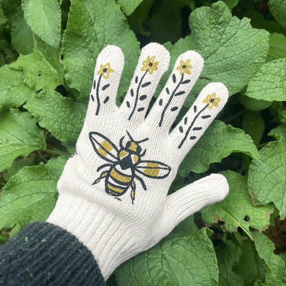 Pair of printed garden gloves with bee design from My Little Belleville, made for gardening and outdoor work.