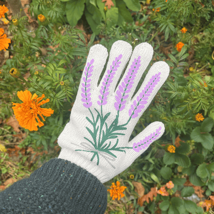 Pair of printed garden gloves from My Little Belleville with colorful floral design, suitable for gardening and outdoor work.