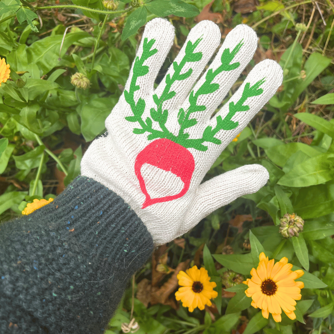 My Little Belleville printed garden gloves with radish pattern, durable fabric for gardening tools and supplies.