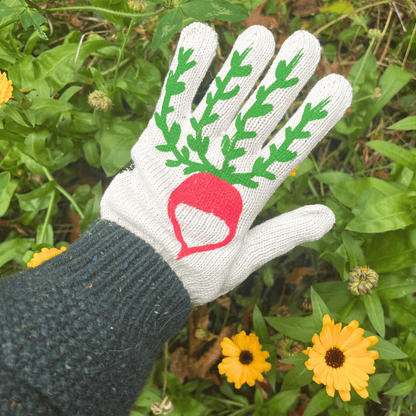 My Little Belleville printed garden gloves with radish pattern, durable fabric for gardening tools and supplies.