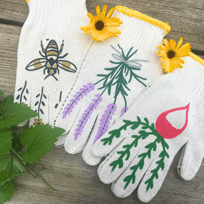 Pair of printed garden gloves by My Little Belleville, showing colorful floral patterns on durable gardening hand protection.
