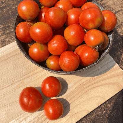 Fresh Rutgers tomato from Hudson Valley Seed Co., showcasing vibrant red vegetables with smooth skin and green leafy top.