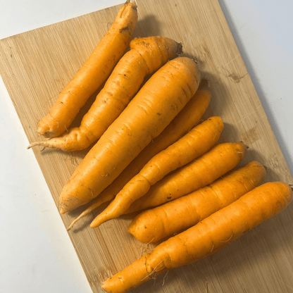 Fresh Tendersweet Carrots from Hudson Valley Seed Co., vibrant orange vegetables with green tops on a rustic surface