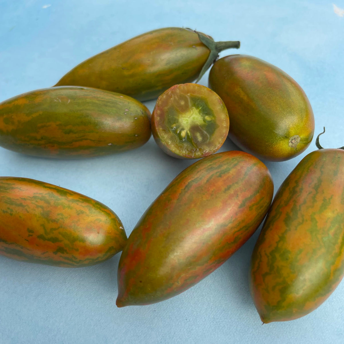 Fresh green tiger tomatoes, vibrant and ripe, displayed on a plant with lush green leaves.