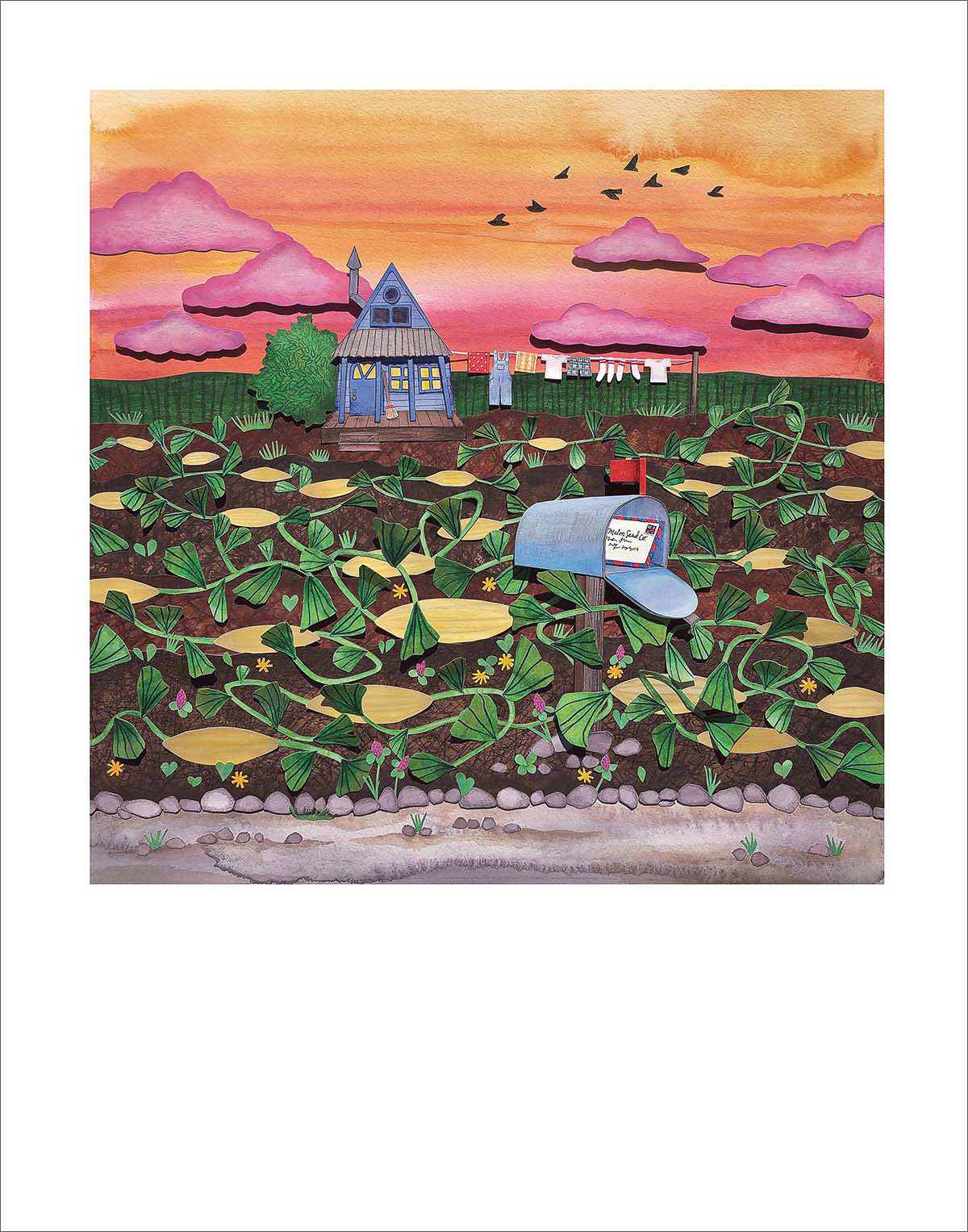 Signed Banana Melon art print by Hudson Valley Seed Co. featuring vibrant banana and melon illustrations on fine art paper.