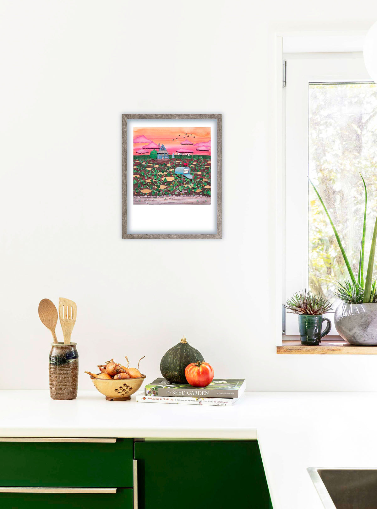 Fine art print of a banana and melon illustration by Hudson Valley Seed Co., displayed in a room setting.