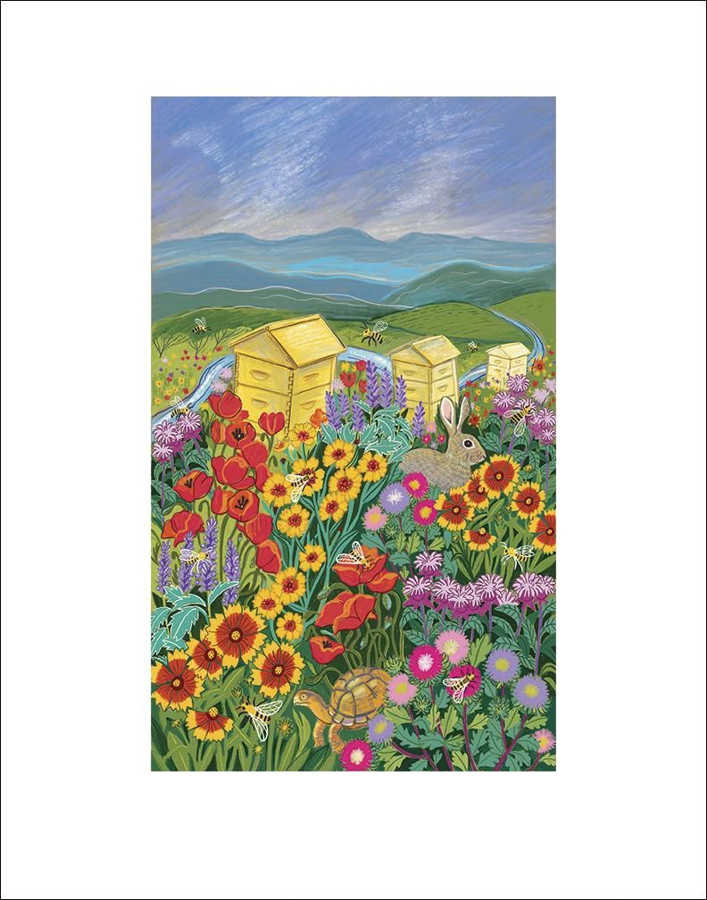 Bee Friendly Meadow fine art print by Hudson Valley Seed Co. features colorful meadow with bees and wildflowers, unsigned artwork.