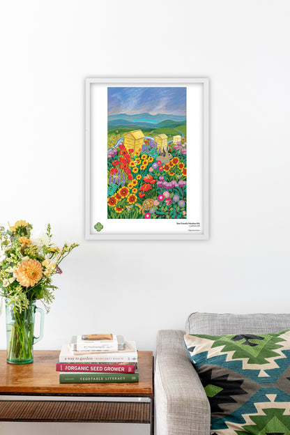 Bee Friendly Meadow Mix fine art poster by Hudson Valley Seed Co. featuring vibrant bee-friendly wildflower meadow design in a living room.