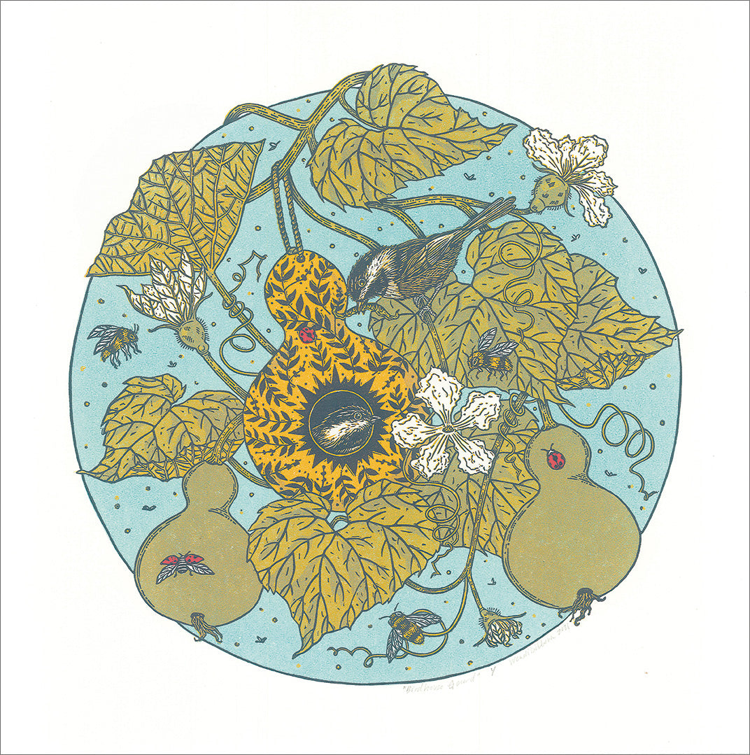 Handprinted birdhouse gourd art print, signed, fine art piece featuring detailed gourd design, by vendor-unknown.