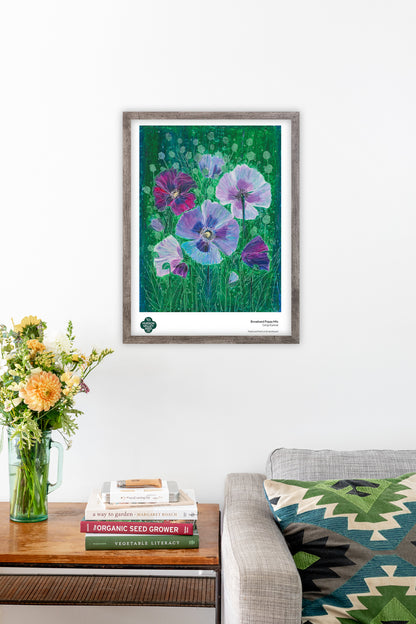 Fine art poster of breadseed poppy by Hudson Valley Seed Co., featuring vibrant botanical illustrations for living room decor.