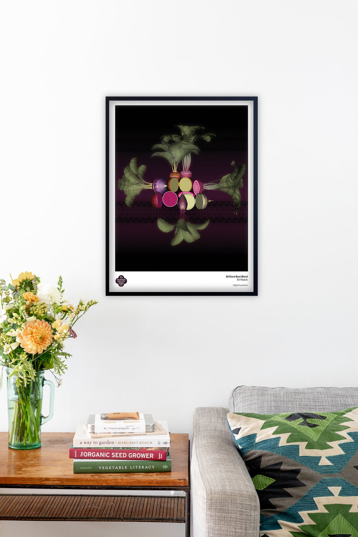 Bright and colorful Brilliant Beet Blend fine art poster by Hudson Valley Seed Co. displayed in a living room setting.