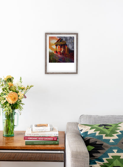 Bronze fennel art print by Hudson Valley Seed Co. displayed in a room, showcasing detailed botanical illustration in a fine art style.
