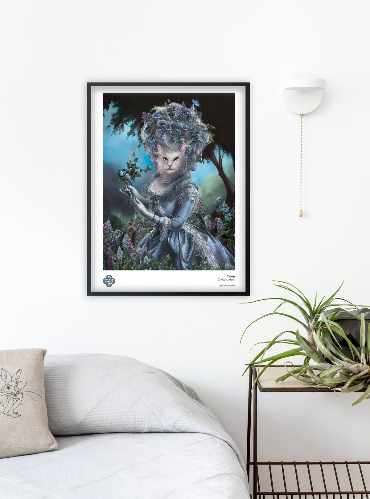 Fine art poster featuring catnip plants by Hudson Valley Seed Co., displayed in a bedroom setting.